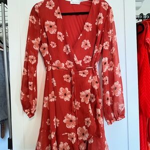 Red Floral Wrap Dress - Size M - All in Favor